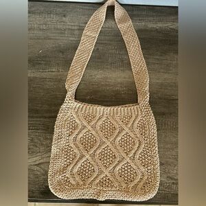 Knitted Cable-Pattern Shoulder Bag in Beige